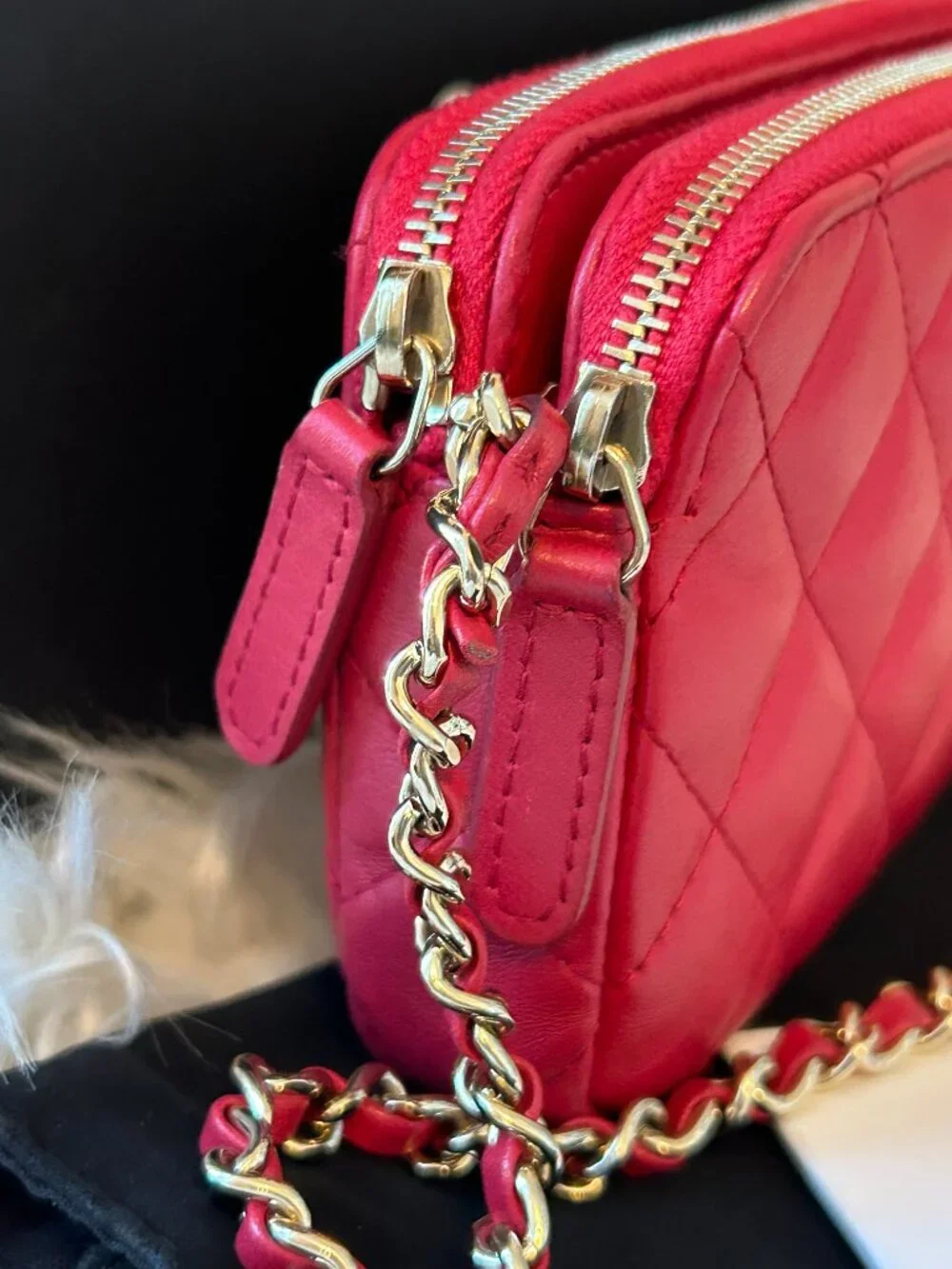 CHANEL Double Zip Bag in Pink Lambskin & Gold Hardware w box, dust bag, card